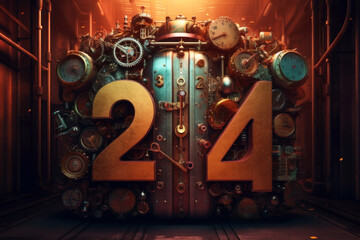 Digital illustration in steampunk style with figures of the new year 2024. Generated by AI.