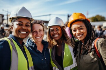 Group of diverse female construction workers smiling on site - obrazy, fototapety, plakaty