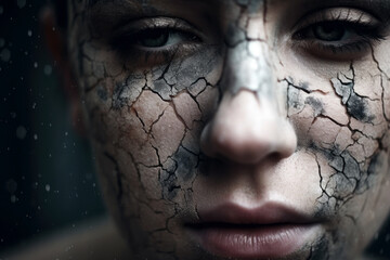 Close-up of the face of a young sad girl with cracked and dirty skin. The girl sighs and holds back tears. Generated by AI.