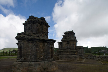 Fototapeta na wymiar Indonesia Java island ruins of Hindu temples on the Dieng plateau on a cloudy autumn day