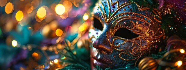 Mardi Gras Carnival Mask on Vivid Colorful Blurred Background, Banner