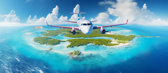 Airplane flies over islands and tropical coast . Airplane Journey Across Exotic Coastal Lands