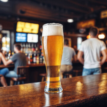A glass of beer on a wooden counter in a bar, blurry background. ai generative