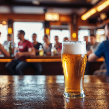 A glass of beer on a wooden counter in a bar, blurry background. ai generative