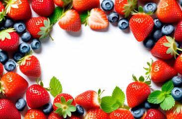 Frame made of fresh ripe berries, blueberry and strawberry, top view with copy space