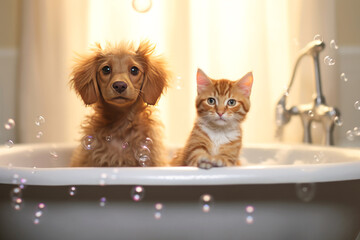Close up of cute breed dog land cat look out of the bath. Sweet puppy washes and swims