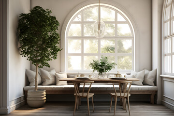 dining room with a window nook and plush seating - obrazy, fototapety, plakaty