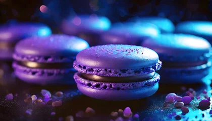Foto op Plexiglas macarons, Lila, blau, close up, backward, biscuit, hinetrgrund, future, dusk, farbe, modern, neu, konzept, bokeh © jeepbabes