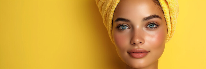 Girl with a yellow towel wrapped around her head against blue background. Image for a facial spa or...