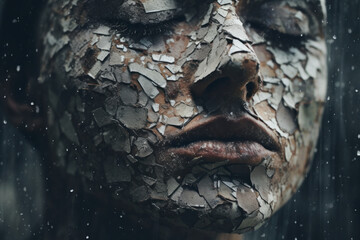Close-up of the face of a young sad girl with cracked and dirty skin