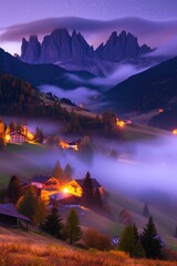 Mountains in fog at beautiful night in autumn in Dolomites, Italy. Landscape with alpine mountain valley, low clouds, forest, purple sky with stars, city illumination at sunset. Aerial