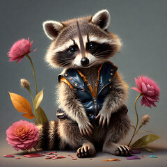 In this lovely portrait, we can see a fluffy baby raccoon captivated by the presence of a beautiful girl dressed in PVC attire. The raccoon's soft fur appears incredibly fluffy, and its adorable face 