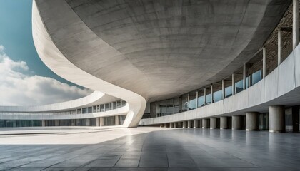 Empty abstract architecture building in minimal concrete design with open space floor courtyard white podium and curved walls museum plaza as wide display showroom mockup environment background