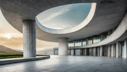 Empty abstract architecture building in minimal concrete design with open space floor courtyard white podium and curved walls museum plaza as wide display showroom mockup environment background