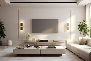 family room with a floating media console 