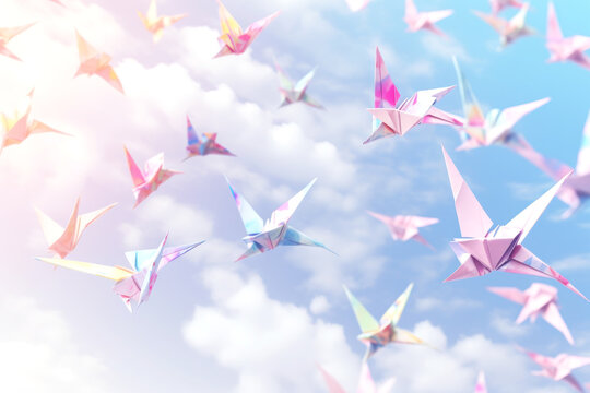 Beautiful futuristic background with paper cranes.