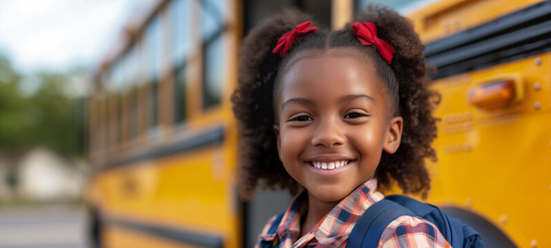 Back to school concept with smiling little schoolgirl ready to board school bus