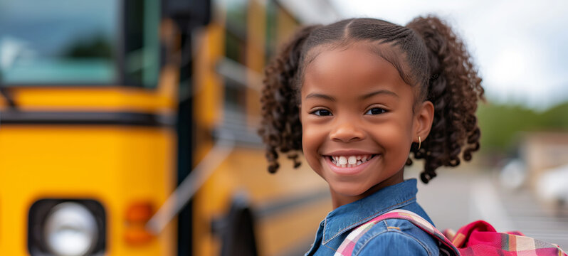 Back to school concept with smiling little schoolgirl ready to board school bus