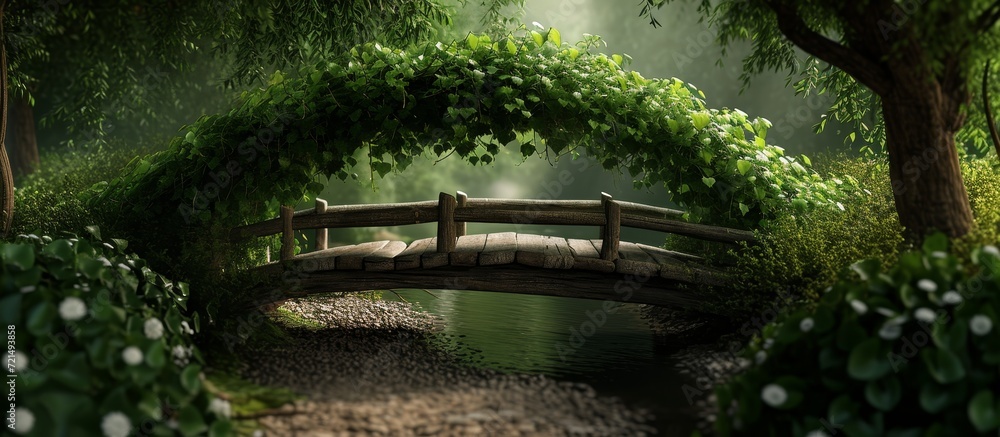 Poster enchanting ivy adorns little bridge, creating a serene and captivating scene with ivy-covered little