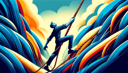 A stylized figure ascends dynamically, climbing a rope against a backdrop of abstract, flowing shapes in bold blue and orange tones.AI generated.