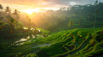 Terrace rice fields in Bali, Indonesia at sunset