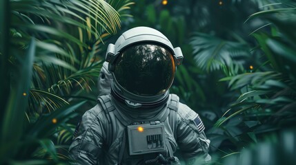 a astronaut standing next to leaves in the jungle - obrazy, fototapety, plakaty