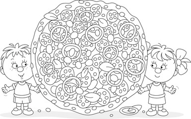 Happy little boy and girl holding a giant freshly backed and tasty pizza with tomatoes, sausage, cheese and olives, black and white vector cartoon illustration for a coloring book