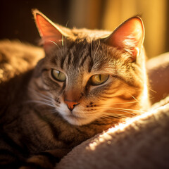 A detailed image of an Ashera cat lounging in a sunbeam during the late afternoon.