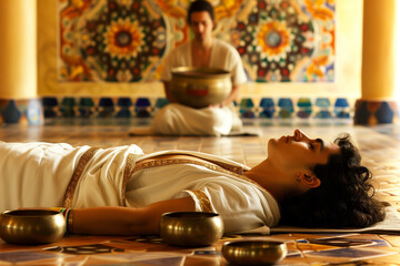 A man at a meditation session. Tibetan singing bowls.