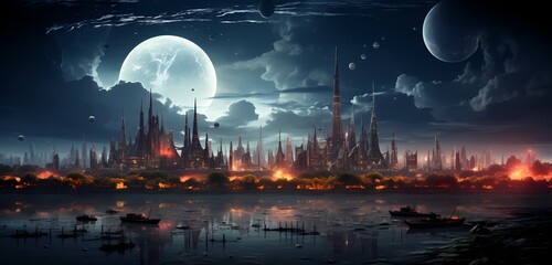 Obraz premium A luminous, futuristic cityscape emerging from the darkness