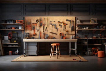 home garage workshop with a pegboard wall for organizing tool - obrazy, fototapety, plakaty