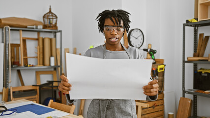 A young woman with dreadlocks wearing safety glasses reviews plans in a carpentry workshop.