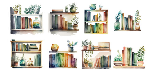 Bookshelves with books and house plants - obrazy, fototapety, plakaty
