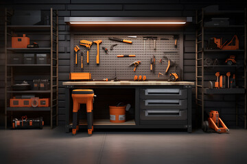 home garage workshop with a pegboard wall for organizing tool - obrazy, fototapety, plakaty