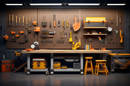 home garage workshop with a pegboard wall for organizing tool