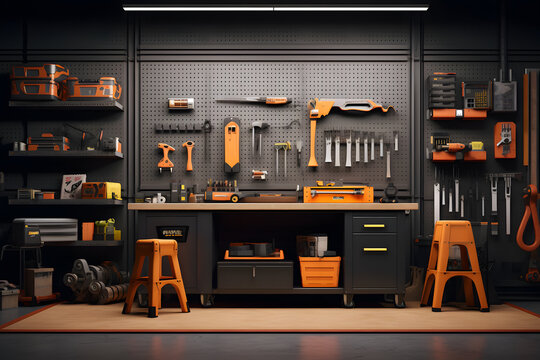 home garage workshop with a pegboard wall for organizing tool