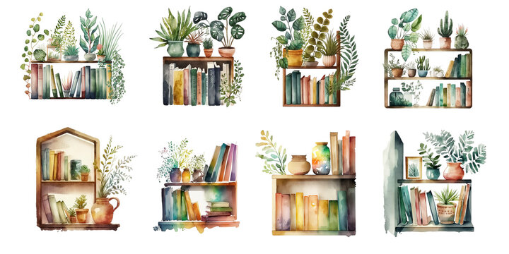 Bookshelves with books and indoor plants