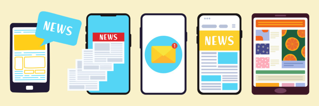 Breaking news set. Flat modern vector illustration of smartphone for online reading news in mobile phone app for a newspaper or magazine. Worldwide media in your device