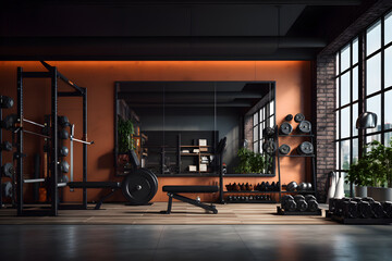 A gym with a wall-mounted adjustable height workout bench - obrazy, fototapety, plakaty