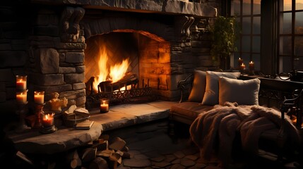A cozy fireplace with crackling flames and a stack of logs nearby
