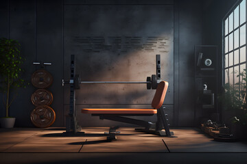 Fototapeta na wymiar A gym with a wall-mounted adjustable height workout bench