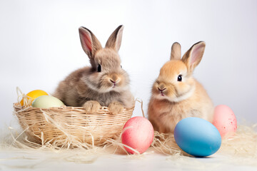 Easter bunny rabbit with egg on white background. Two Cute easter baby rabbits, with few colorful easter eggs around, studio image