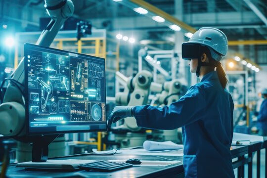 Futuristic Technology: Team of Engineers and Professionals Workers in Industry Manufacturing Factory that is Digitalized with Graphics into Connected Automated Machinery. High-Tech Industry 4.0.