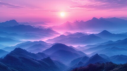 Pastel dawn embracing the mountains, Serene ambiance, Soft gradations of purples and pinks, Ethereal quality, Smooth textures