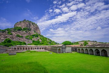 King Fort or Rajagiri Fort of Gingee or Senji in Tamil Nadu, India. It lies in Villupuram District, built by the kings of konar dynasty & maintained by Chola dynasty. Archeological survey of india. - obrazy, fototapety, plakaty