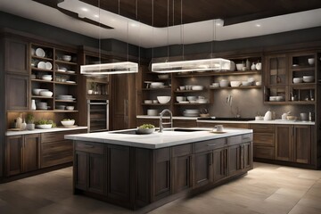 modern interior with kitchen, Orderliness of an open kitchen cabinet, showcasing a variety of dishware, utensils, and towels.