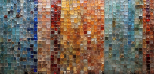 Wall covered in old glass tiles.