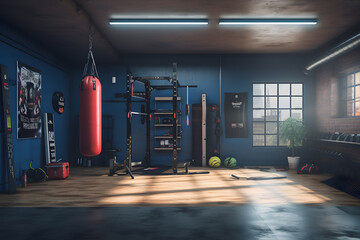 home gym with a wall mounted punching bag and speed bag - obrazy, fototapety, plakaty