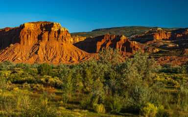 Red rock cliffs of Capitol Reef  national park illuminated by a strong sunlight in Utah early in the morning.