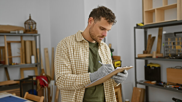 Handsome young man with beard taking notes at woodworking workshop